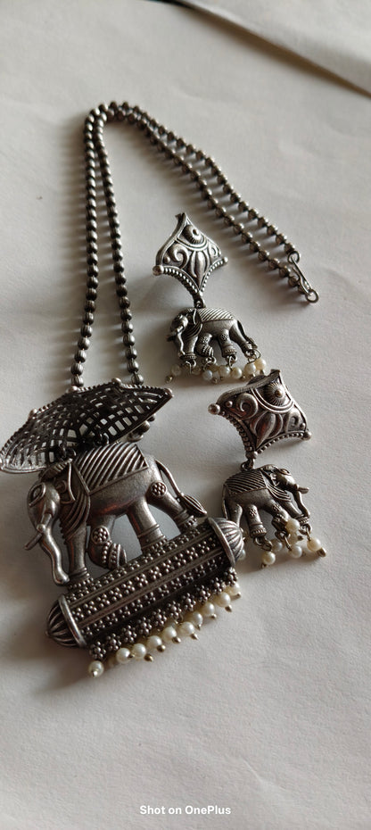Silver Oxidized Necklace  set(Elephant)