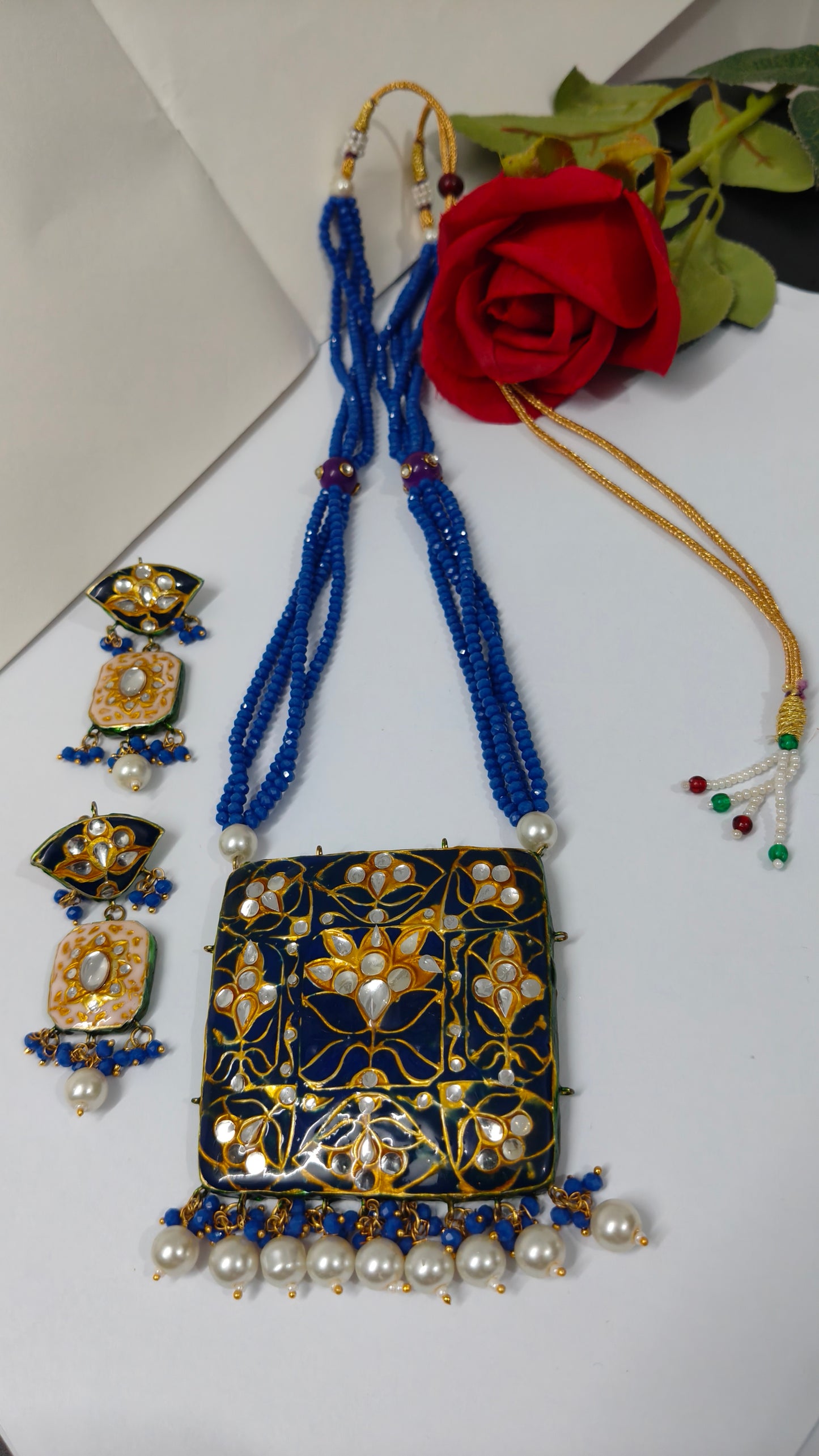 Kundan long necklace with Minakari(Blue)