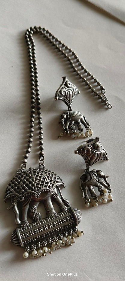 Silver Oxidized Necklace  set(Elephant)