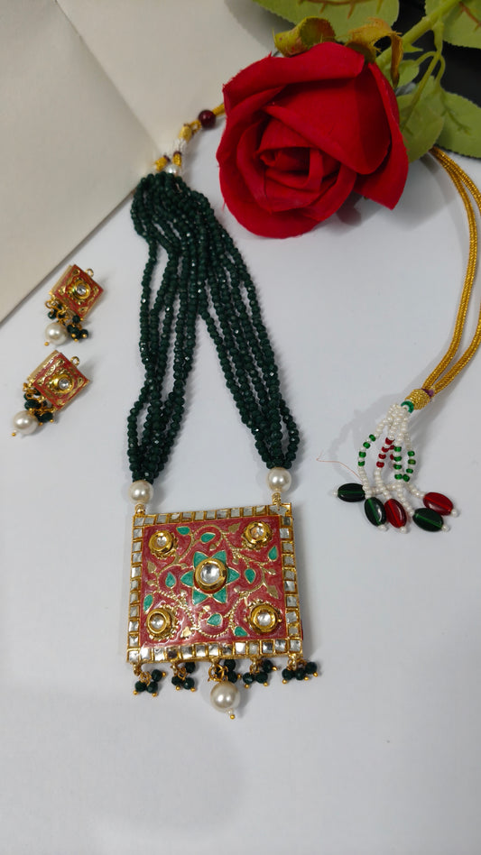 Kundan long necklace with Minakari(Green)